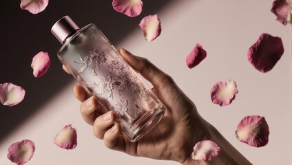 Elegant Hand Holding Perfume Bottle Surrounded by Rose Petals.