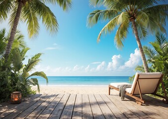 Fototapeta premium Tranquil coastal deck vacation with palm trees ocean and a relaxing lounger.