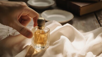 Elegant perfume bottle on silk with hand reaching, vintage aesthetic.