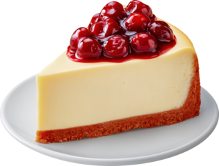 Fictional slice of New York Cheesecake with cherry topping on white plate. isolated PNG on a transparent background for menus, brochures, flyers, banners.  