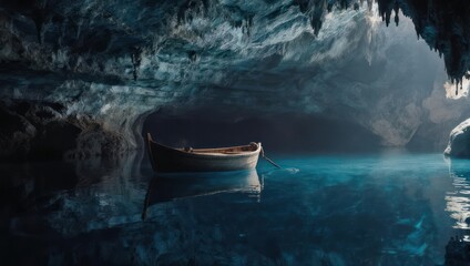 Empty wooden boat floating on calm turquoise water inside a mysterious dark cave with light filtering in.