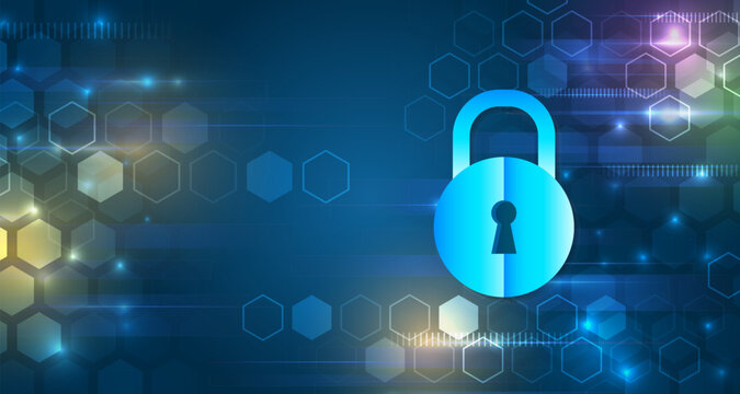 Cybersecurity concept with glowing padlock symbol on a digital blue background. Abstract technology design representing data protection, privacy, and secure network systems.