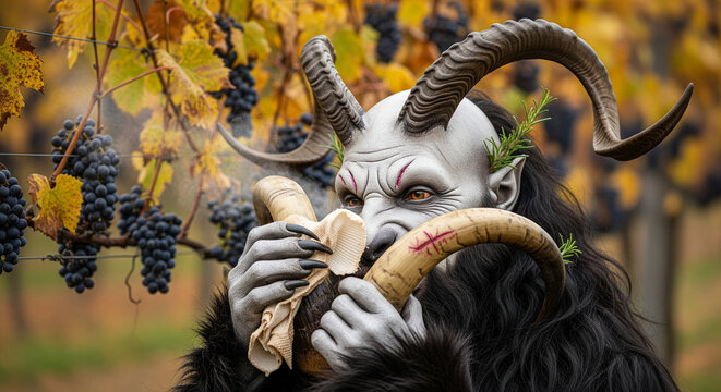 Krampus Creature Playing a Horn in Autumn Grape Vineyard
A striking, close-up conceptual portrait of the mythical Krampus figure set against the backdrop of an autumn vineyard - Powered by Adobe