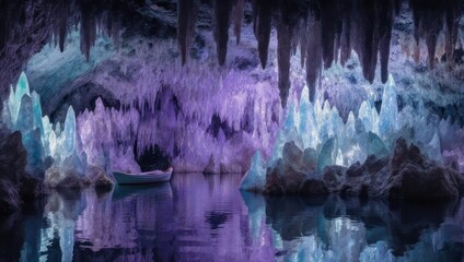 Enchanting Cave Formations Illuminated by Ethereal Purple and Blue Lights Reflected in Still Water.