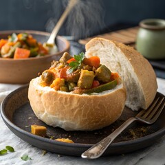 bunny chow curry in a hollowed bread loaf, street food