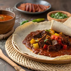 Traditional Injera with Wat Ethiopian Flatbread Served with Spicy Stew Authentic African Cuisine