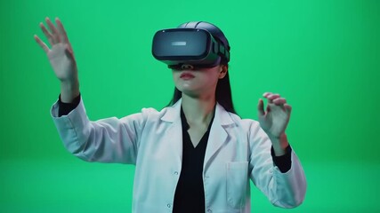 Young female scientist in a lab coat wearing a virtual reality headset and interacting with an invisible interface on a green screen background exploring futuristic technology and scientific innovati. - Powered by Adobe