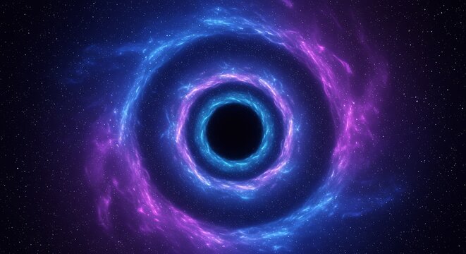 A stunning visual representation of a black holes accretion disk, with vibrant cosmic gases swirling into the void