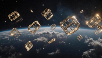 Floating Golden Cubes in Space Orbiting Earth.