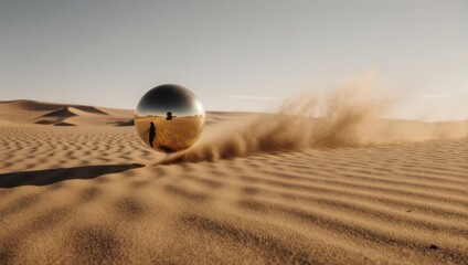 Floating Sphere Reflecting Desert Landscape with Dust Cloud.