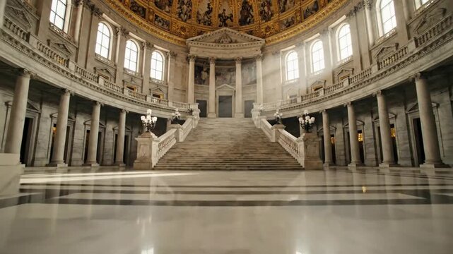 The majestic interior of a grand hall featuring a wide staircase, marble columns, and an ornate domed ceiling.