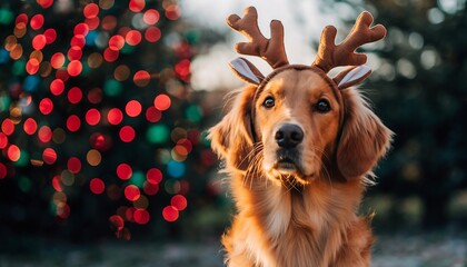 Humorous cute portrait of patient Golden Retriever wearing reindeer antlers headband for Christmas, festive background with blurry bokeh lights and holiday tree