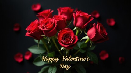 Beautiful bouquet of red roses with scattered petals for valentine s day
