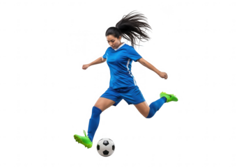 Professional female soccer player in blue uniform kicking a football, showcasing agility and strength.