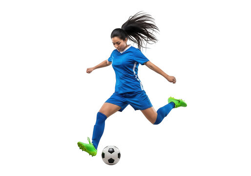 Professional female soccer player in blue uniform kicking a football, showcasing agility and strength.