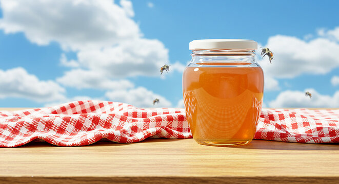 Golden Honey Jar With Bees On it on a Wooden Table - Powered by Adobe