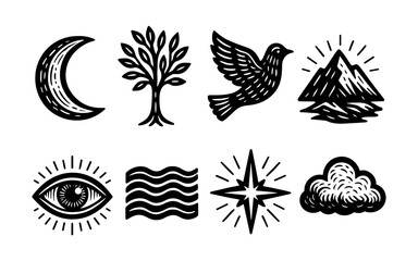 Fototapeta premium Hand-drawn mystical symbols: moon, tree, bird, mountain, eye, waves, star, cloud