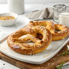 German pretzel with salt, served with mustard, snack food