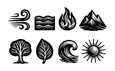 Set of hand-drawn element icons: wind, fire, water, earth
