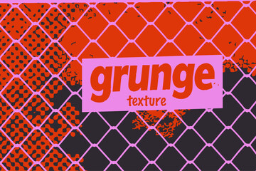 Vector illustration features a bold grunge texture with a pink chain-link fence overlay, red and black textured background, and bold typography. The style is urban, rough, and high-contrast.