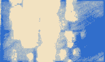 Vector illustration displays an abstract pattern in a pop art style, featuring blue dots and organic shapes on a beige background. Grunge Y2K retro style.