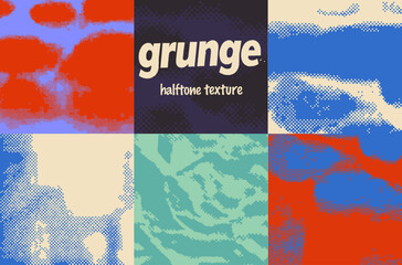 Vector illustration presents a grunge halftone texture divided into colorful blocks with abstract patterns in red, blue, navy, green, and beige. The style is retro, with bold contrasts, gritty shapes.