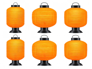 Orange paper lanterns with black bases and handles, traditional Asian style, arranged in two rows, isolated on transparency background, festive and decorative atmosphere
