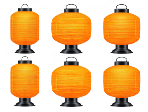Orange paper lanterns with black bases and handles, traditional Asian style, arranged in two rows, isolated on transparency background, festive and decorative atmosphere