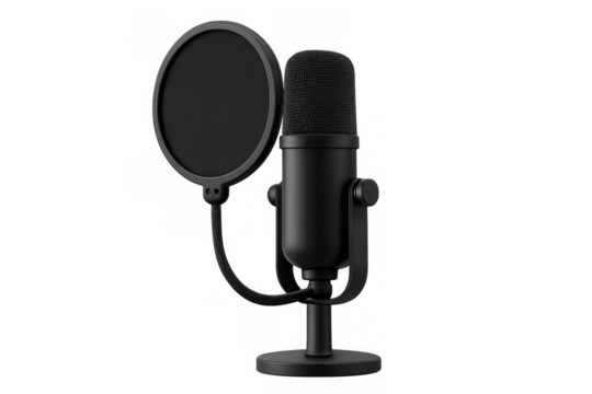 Professional studio microphone with pop filter on stand capturing high quality audio for broadcasting and podcasting