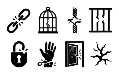Breaking free icons: chains, bars, and locks in bold black silhouette design