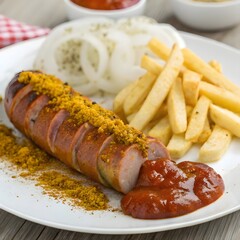 Currywurst German Street Food Sausage with Spicy Curry Ketchup and Fries