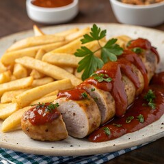German currywurst with sliced sausage and curry ketchup sauce, street food