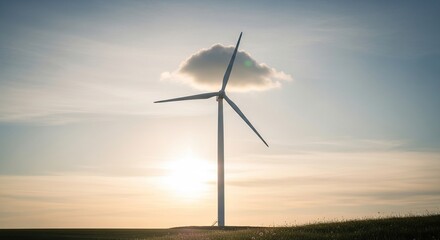 A lone wind turbine stands tall against a soft sunset sky with a unique cloud formation resembling a fluffy cloud resting on its blades