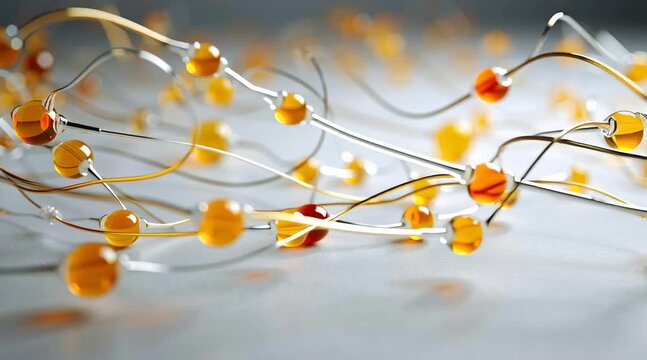 Seamless vector illustration of Christmas tree decorations on black, featuring an abstract background with molecular structure of balls in a network pattern