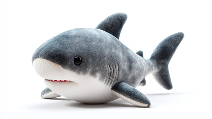 Fototapeta premium A plush shark toy with gray and white coloring on a plain white background space