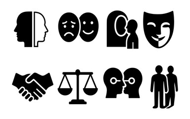 Set of silhouette icons depicting emotions, relationships, and social concepts