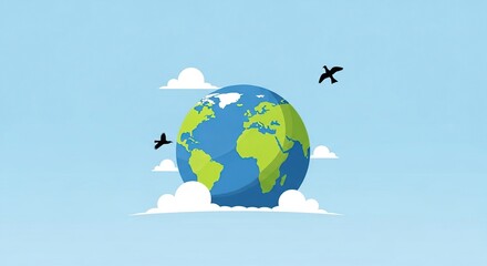 A whimsical illustration of the earth as an easter egg nestled amongst fluffy white clouds with stylized birds flying in a clear blue sky