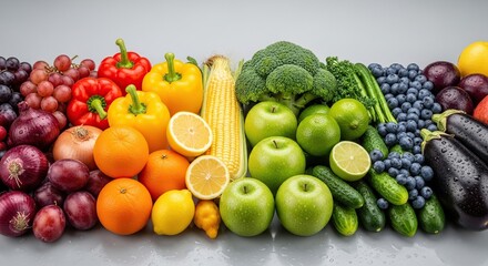 Vibrant rainbow of fresh healthy fruits and vegetables arranged in a colorful row on a white background for healthy eating and nutrition concepts