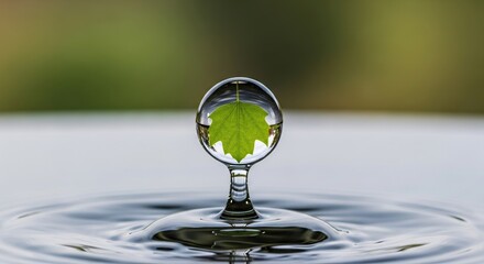 Macro close up of a single water droplet suspended in mid air reflecting a vibrant green leaf and creating ripples on the surface of clear water