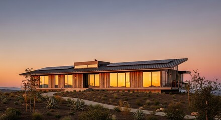 Modern sustainable eco friendly house with solar panels on roof nestled on a hillside at sunset with warm interior lights glowing