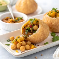 Crispy Pani Puri Indian Street Food Snack with Spicy Tangy Water and Potato Filling