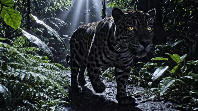A majestic black jaguar with glowing yellow eyes stalks through a dense, sunlit jungle environment.