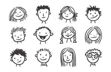 Collection of Hand-Drawn Children's Faces Emotions and Doodles
