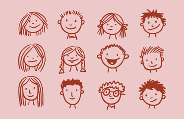 Collection of Hand-Drawn Children's Faces Emotions and Doodles
