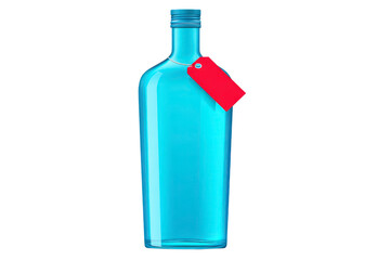 Blue glass bottle with red tag, empty transparent container, isolated on transparency background, modern minimalist design, suitable for beverage packaging, clean and elegant appearance