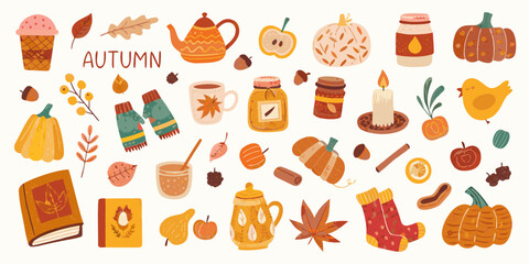Cozy autumn elements collection featuring pumpkins leaves mugs and seasonal treats