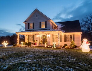 A charming white house adorned with festive Christmas lights and holiday decorations at dusk, featuring an inflatable snowman and snowflakes in a snowy yard.