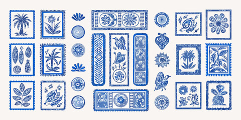 Collection of blue and white decorative elements featuring tropical plants birds and floral motifs