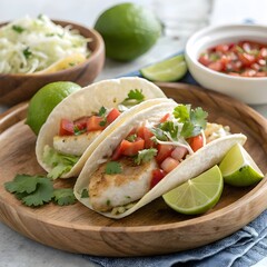 Fresh Fish Tacos with Crispy Batter Slaw and Lime Authentic Mexican Street Food Cuisine
