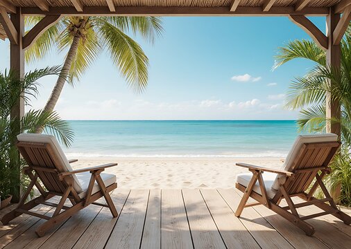Tropical beach wooden chairs overlooking serene turquoise ocean landscape under palm trees.